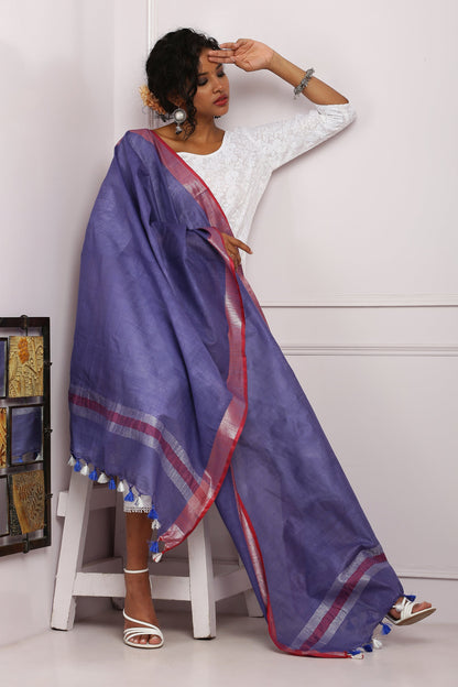 Dupatta-Cotton Slub Linen -Purple Blue n Red