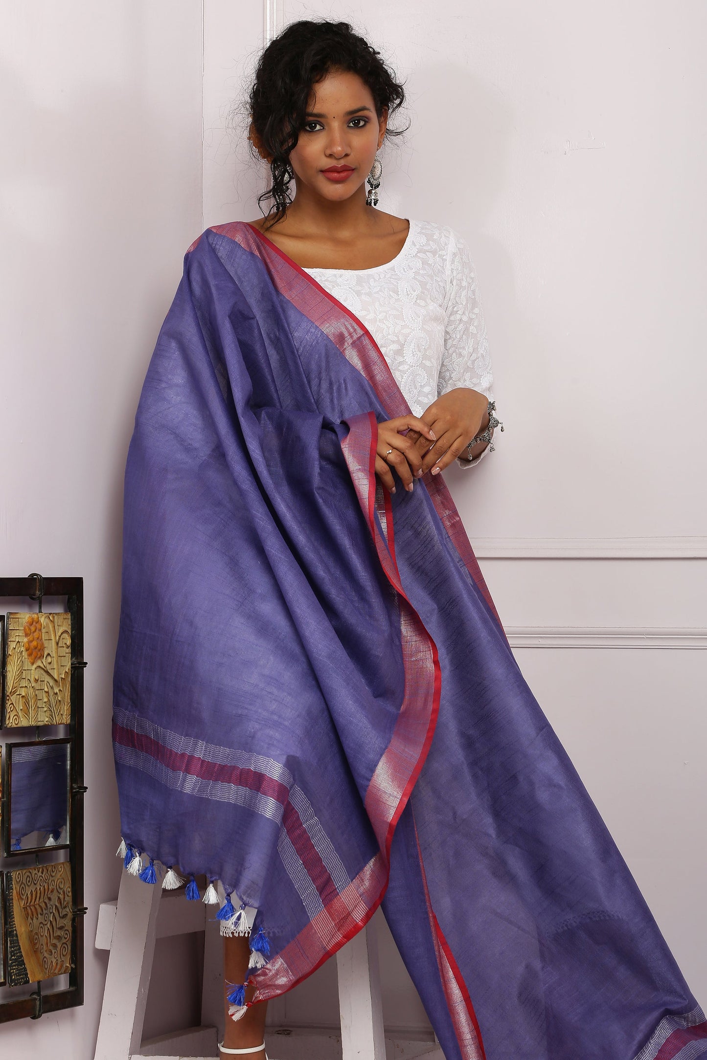 Dupatta-Cotton Slub Linen -Purple Blue n Red