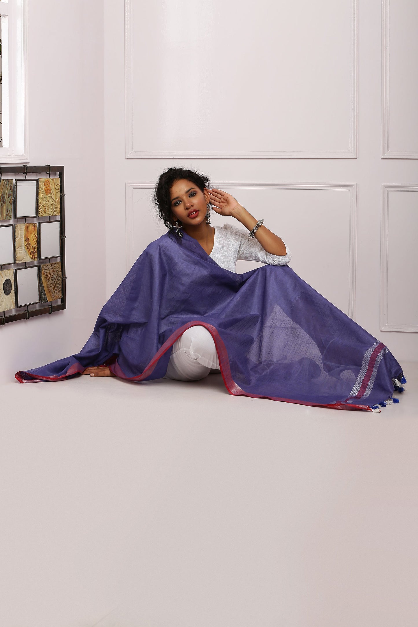 Dupatta-Cotton Slub Linen -Purple Blue n Red