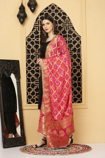 अks-Banarasi Bandhani Dupatta - Rose Pink
