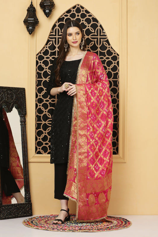 अks-Banarasi Bandhani Dupatta - Rose Pink