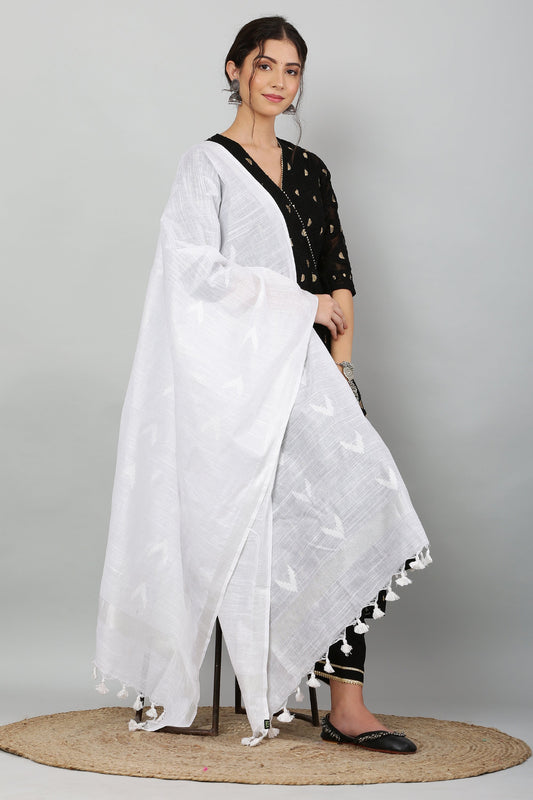 Dupatta -Ikkat Cotton Buta -White
