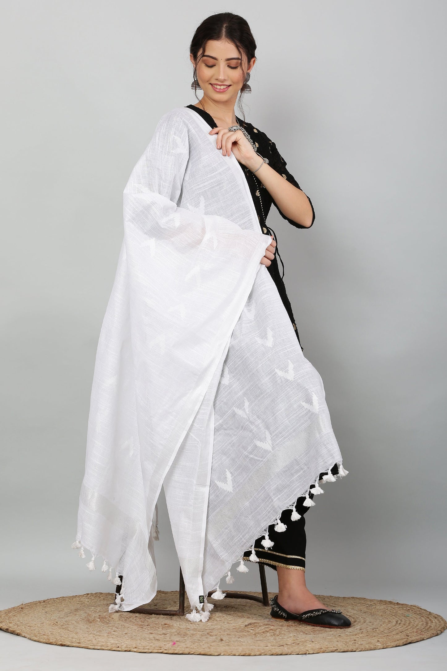 Dupatta -Ikkat Cotton Buta -White