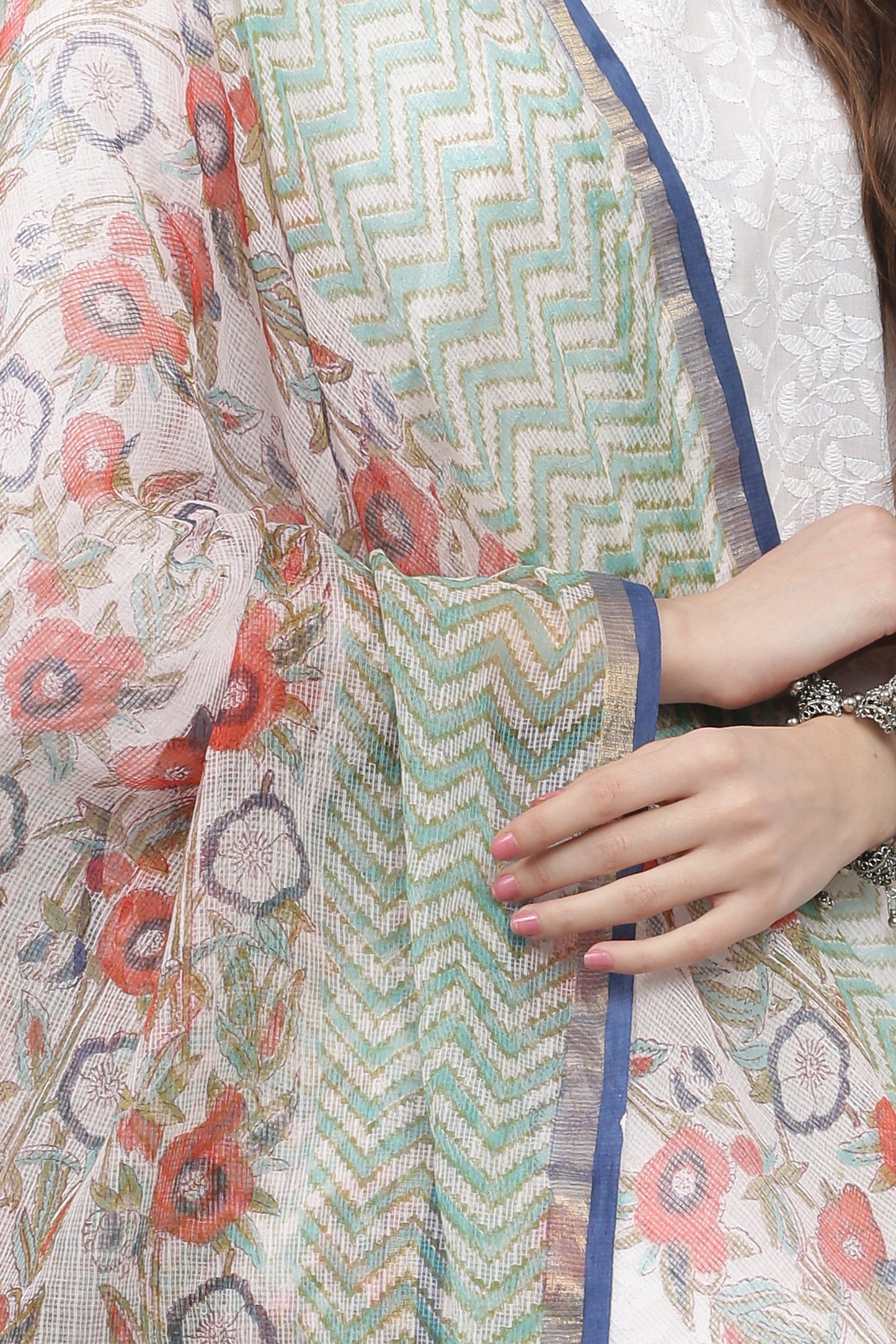 अks-Handblock Print Kota Doria Dupatta - Gold Green n Multi Flora