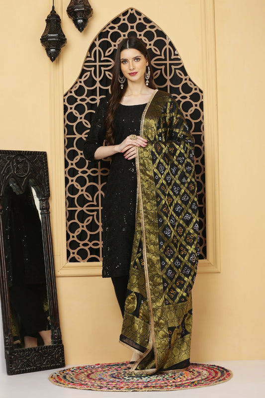 अks-Banarasi Bandhani Dupatta -Black