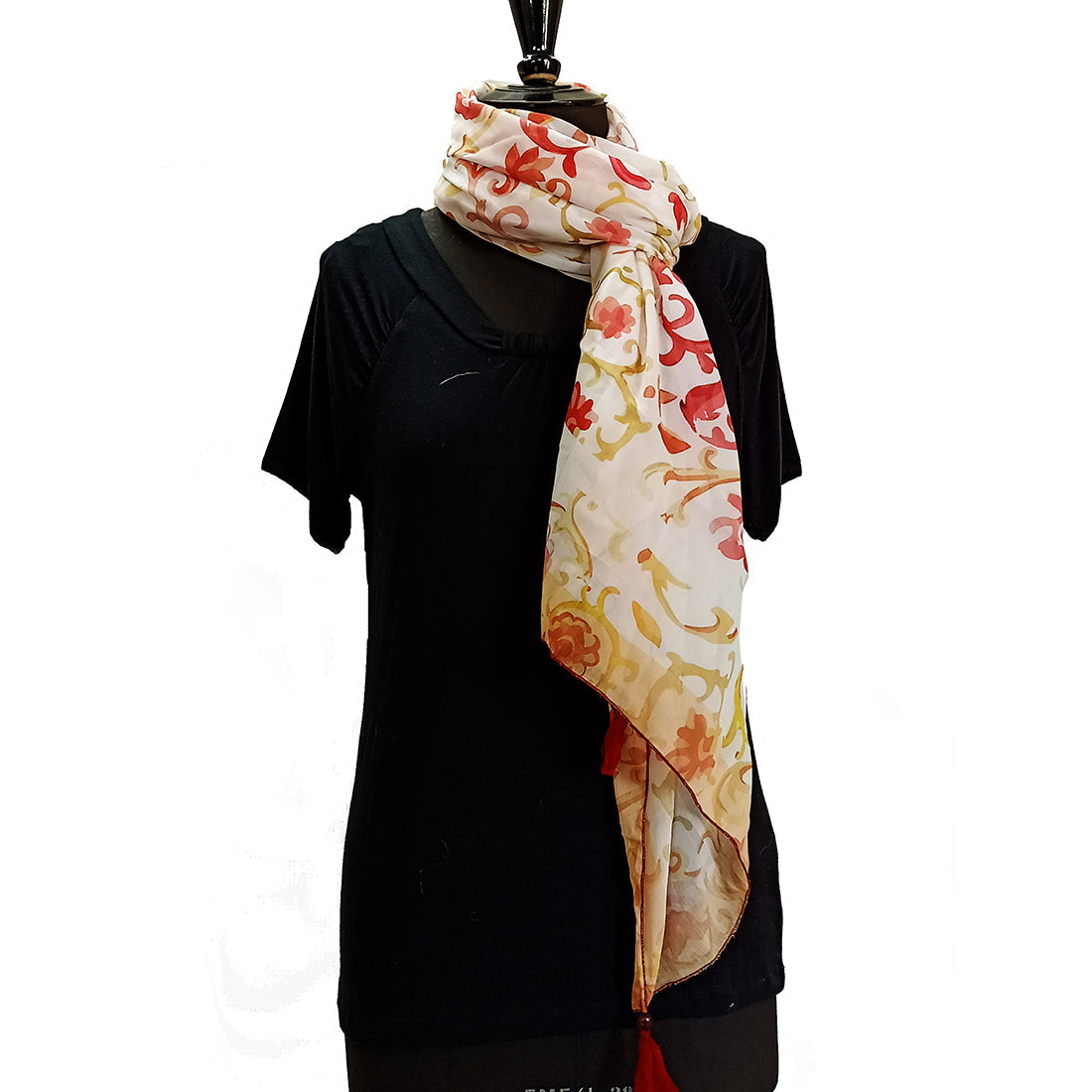 White and Orange Floral Pattern Stole