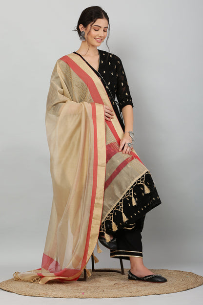 Dupatta-Banarasi Linen- Dark Beige
