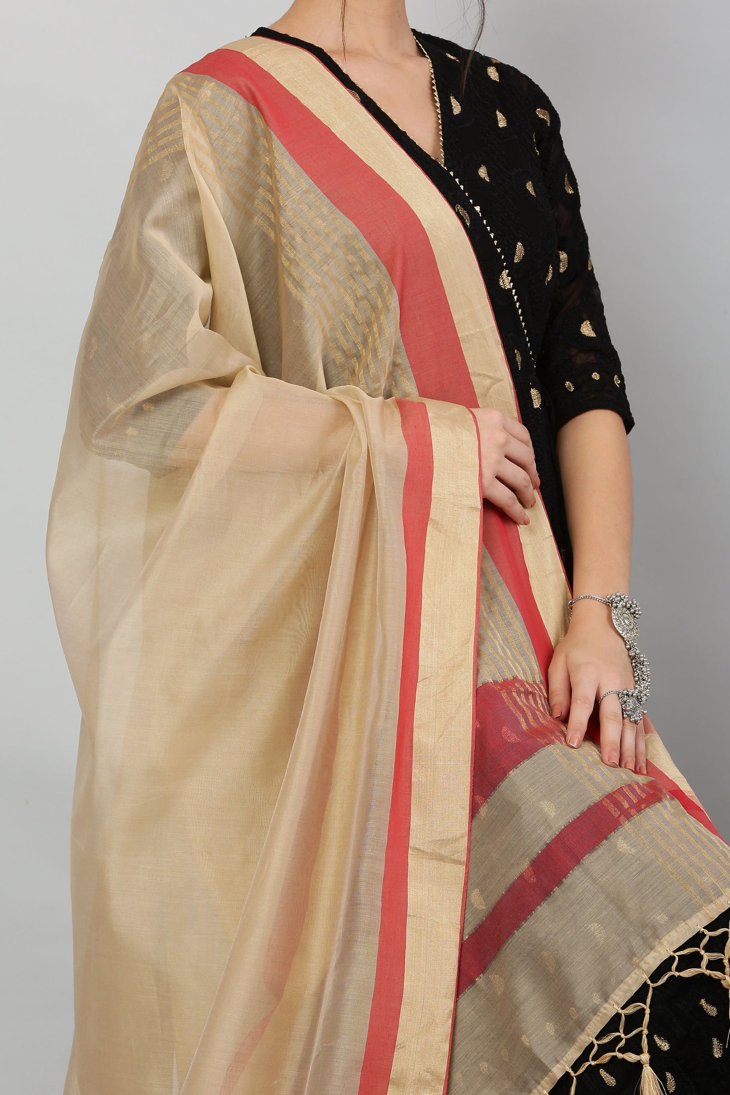 Dupatta-Banarasi Linen- Dark Beige