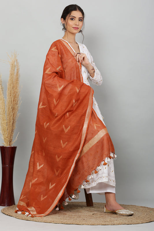 Dupatta-Cotton Ikkat Buta -Brownish Rust