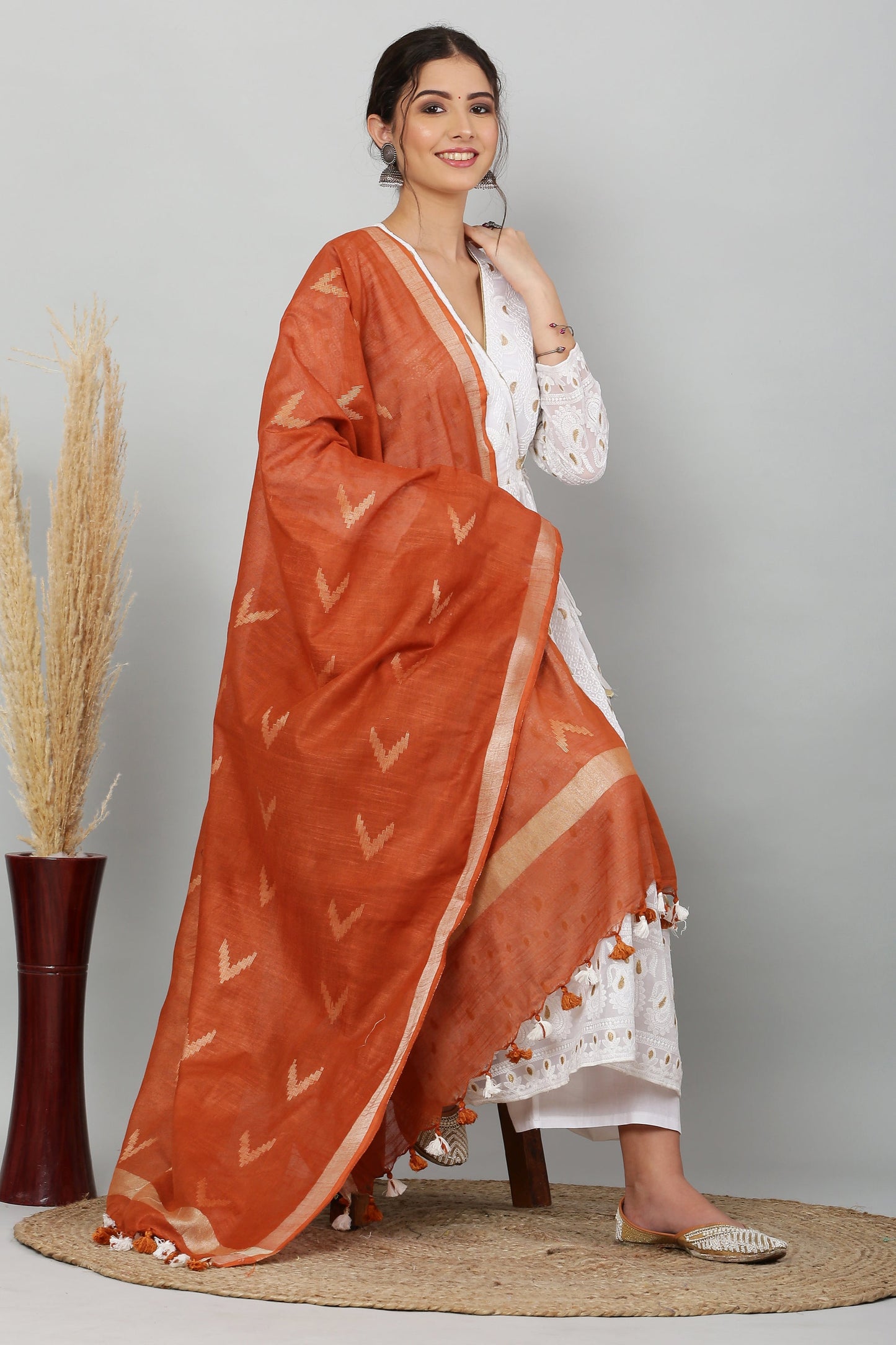 Dupatta-Cotton Ikkat Buta -Brownish Rust