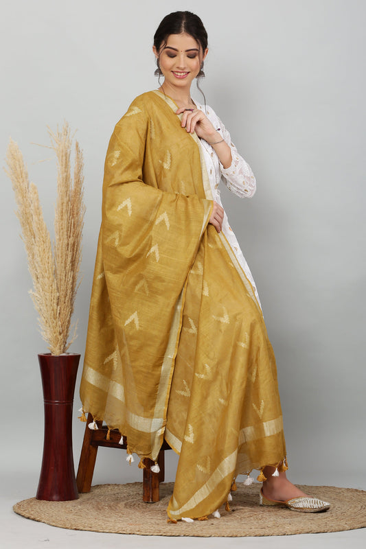Dupatta-Cotton Ikkat Buta-Light Brown /Mustard Yellow