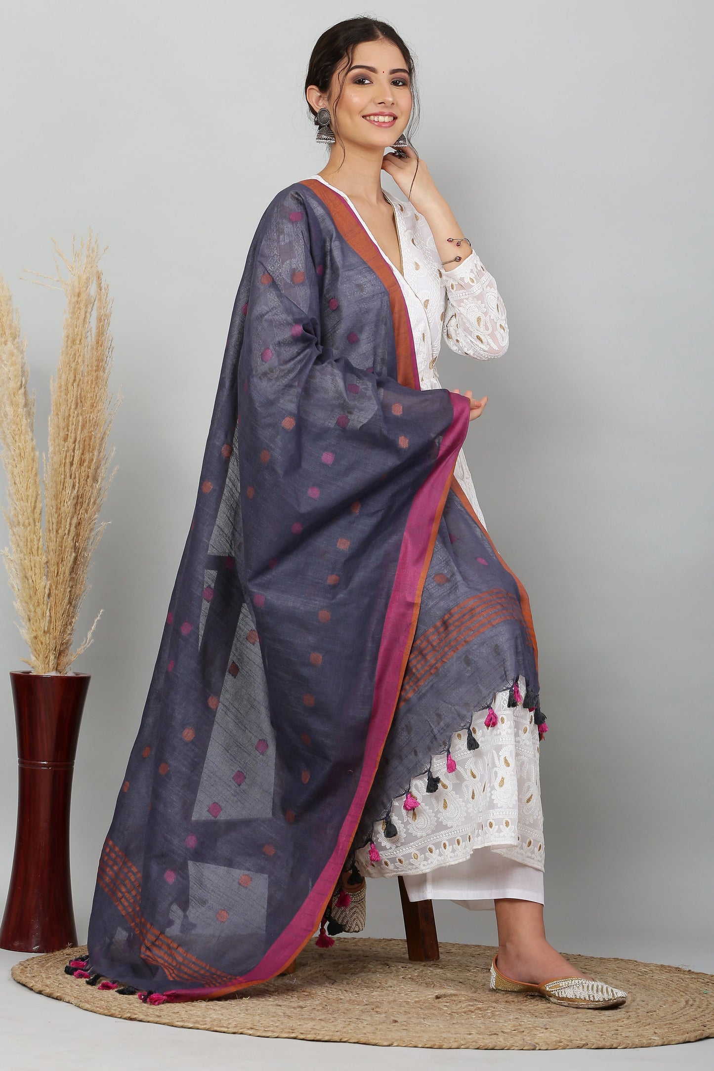 Dupatta-Cotton Slub- Gray