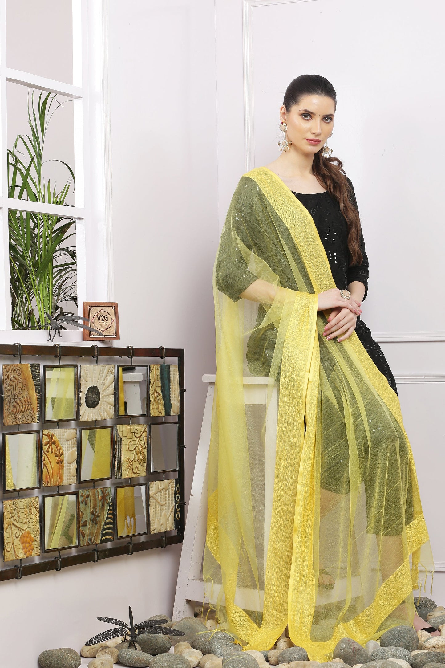 Dupatta-Bhagalpuri Tissue - Yellow