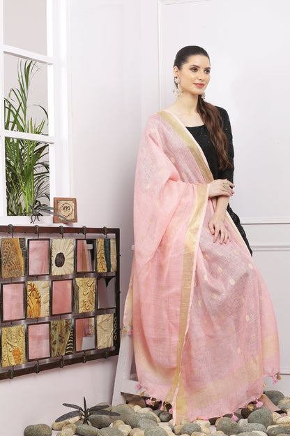 Dupatta - Cotton Gold Linen - Baby Pink