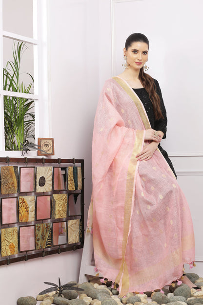 Dupatta - Cotton Gold Linen - Baby Pink