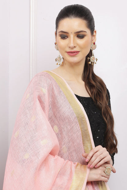 Dupatta - Cotton Gold Linen - Baby Pink