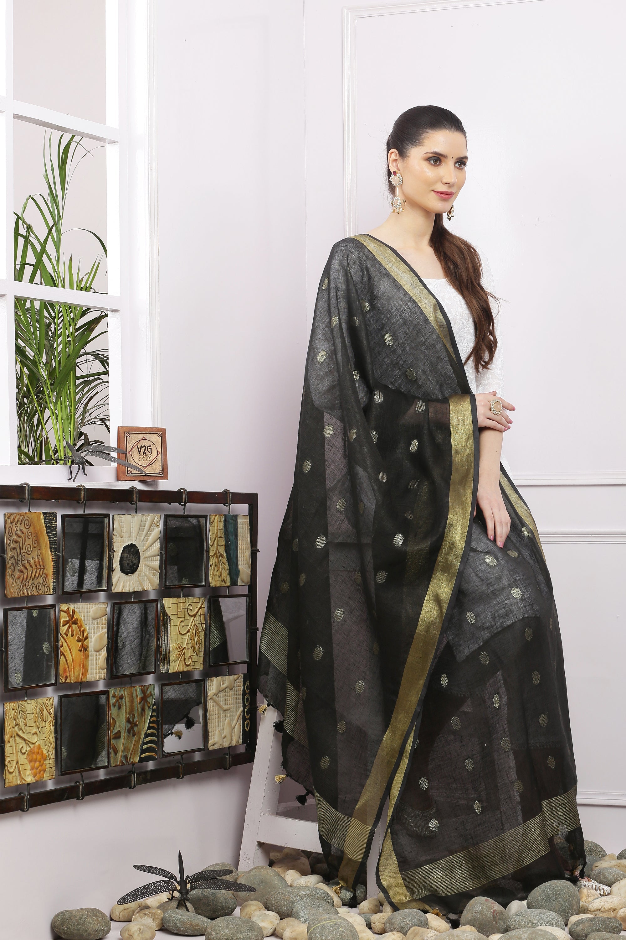 Dupatta - Cotton Gold Linen - Black