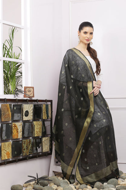 Dupatta - Cotton Gold Linen - Black