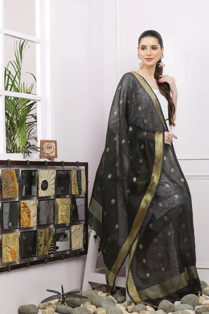 Dupatta - Cotton Gold Linen - Black
