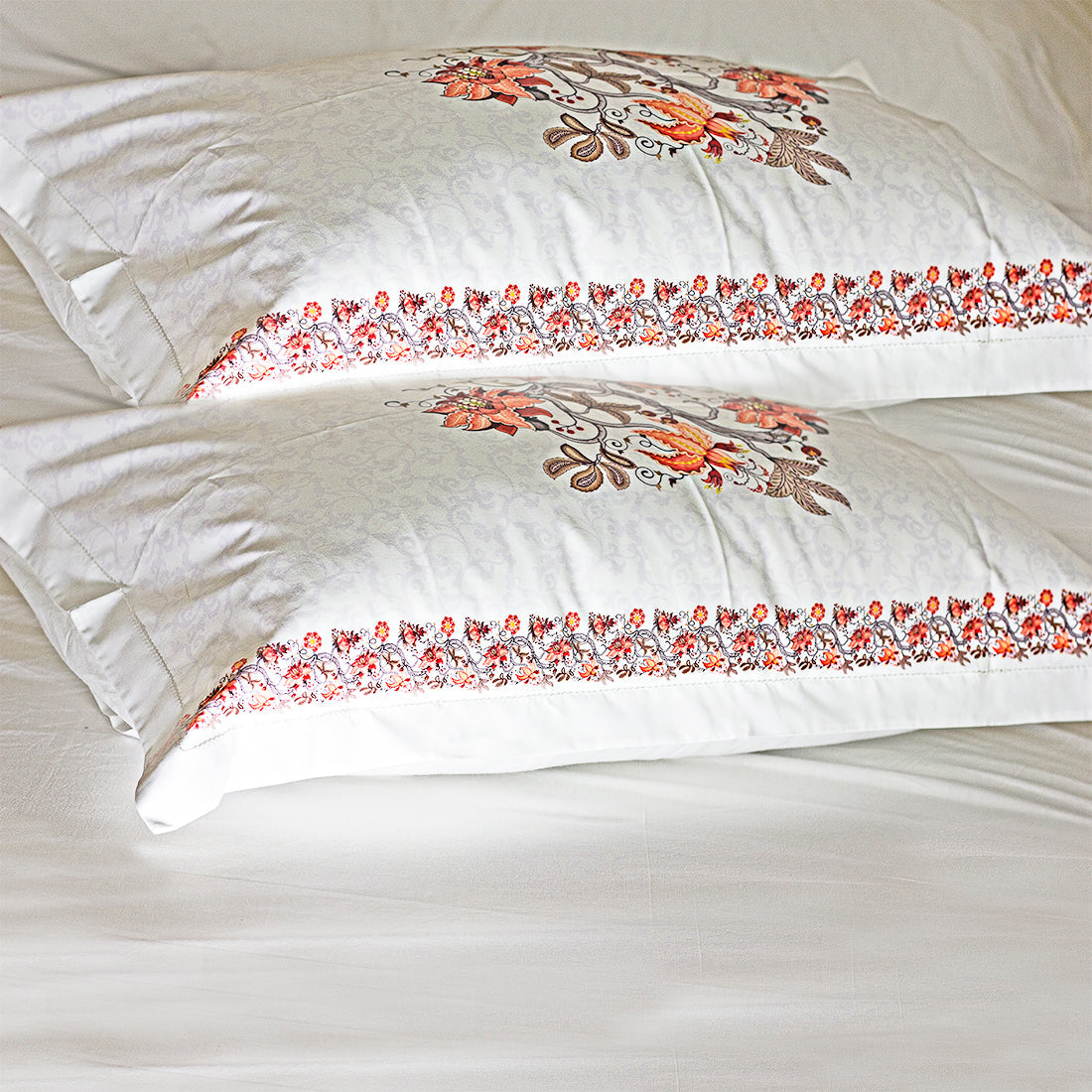 Pillow Covers-Orange Ornamental Flower- Pair