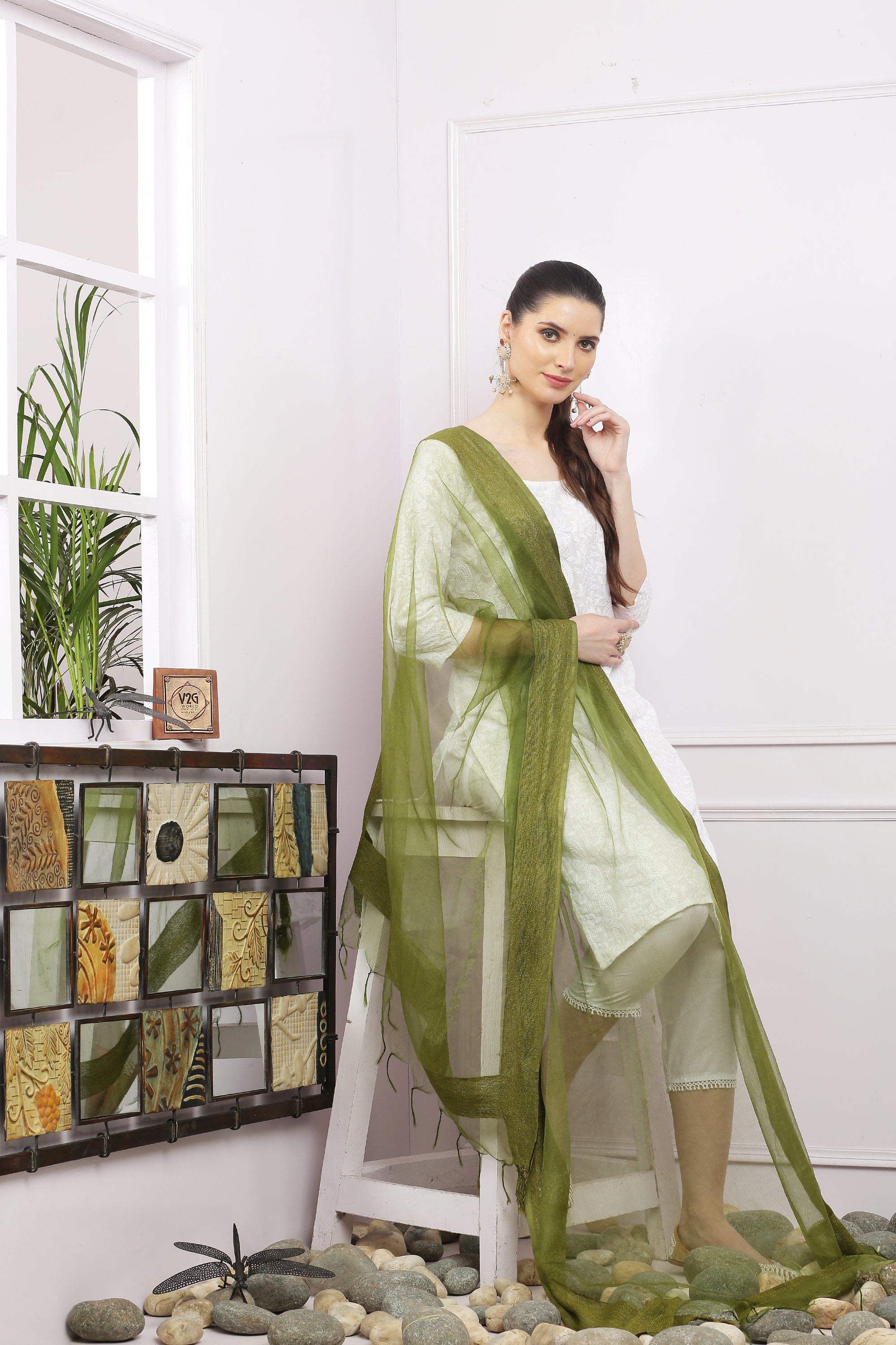 Dupatta-Bhagalpuri Tissue - Olive Green