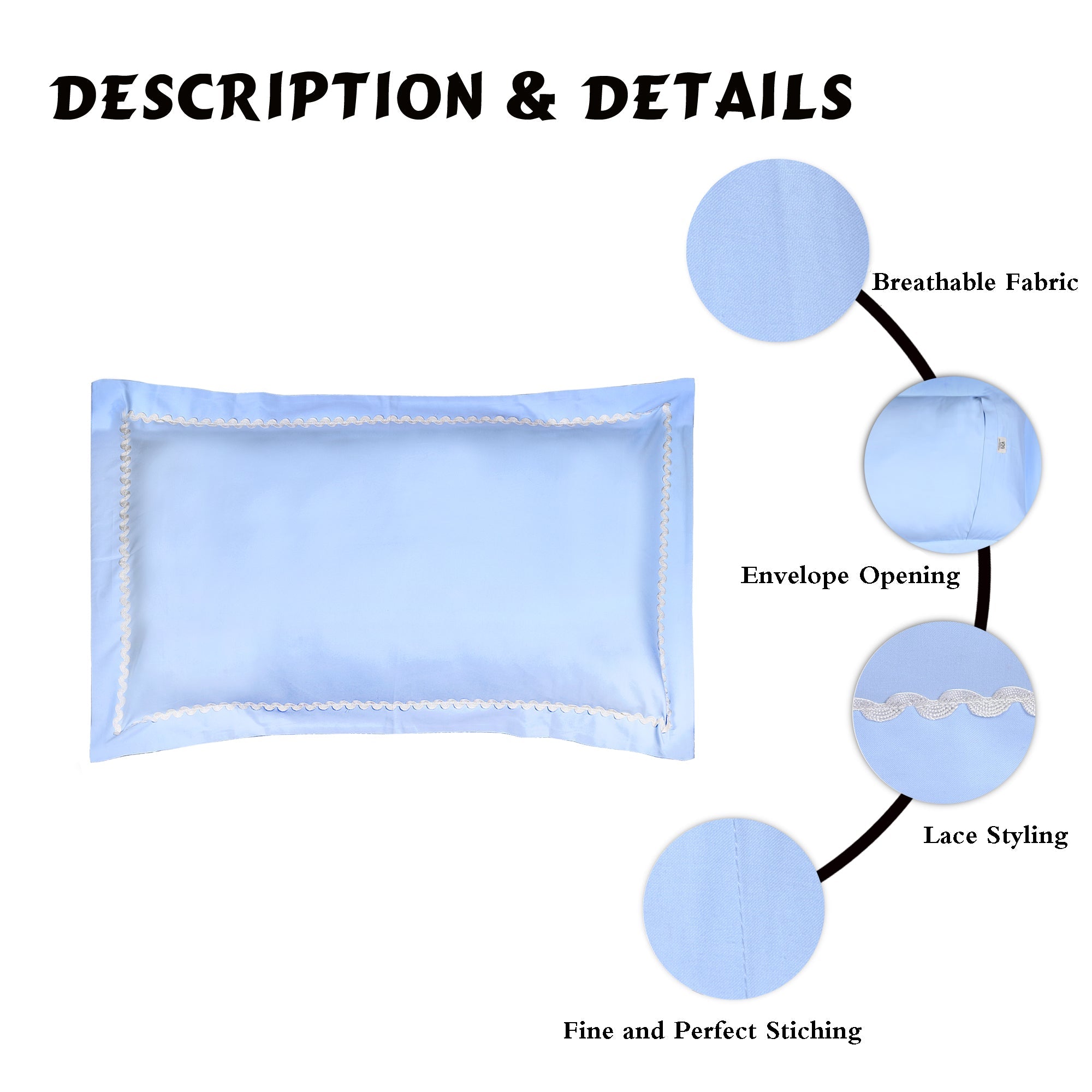 Pillow Covers- Plain Color-Sky Blue with Lace- Pair