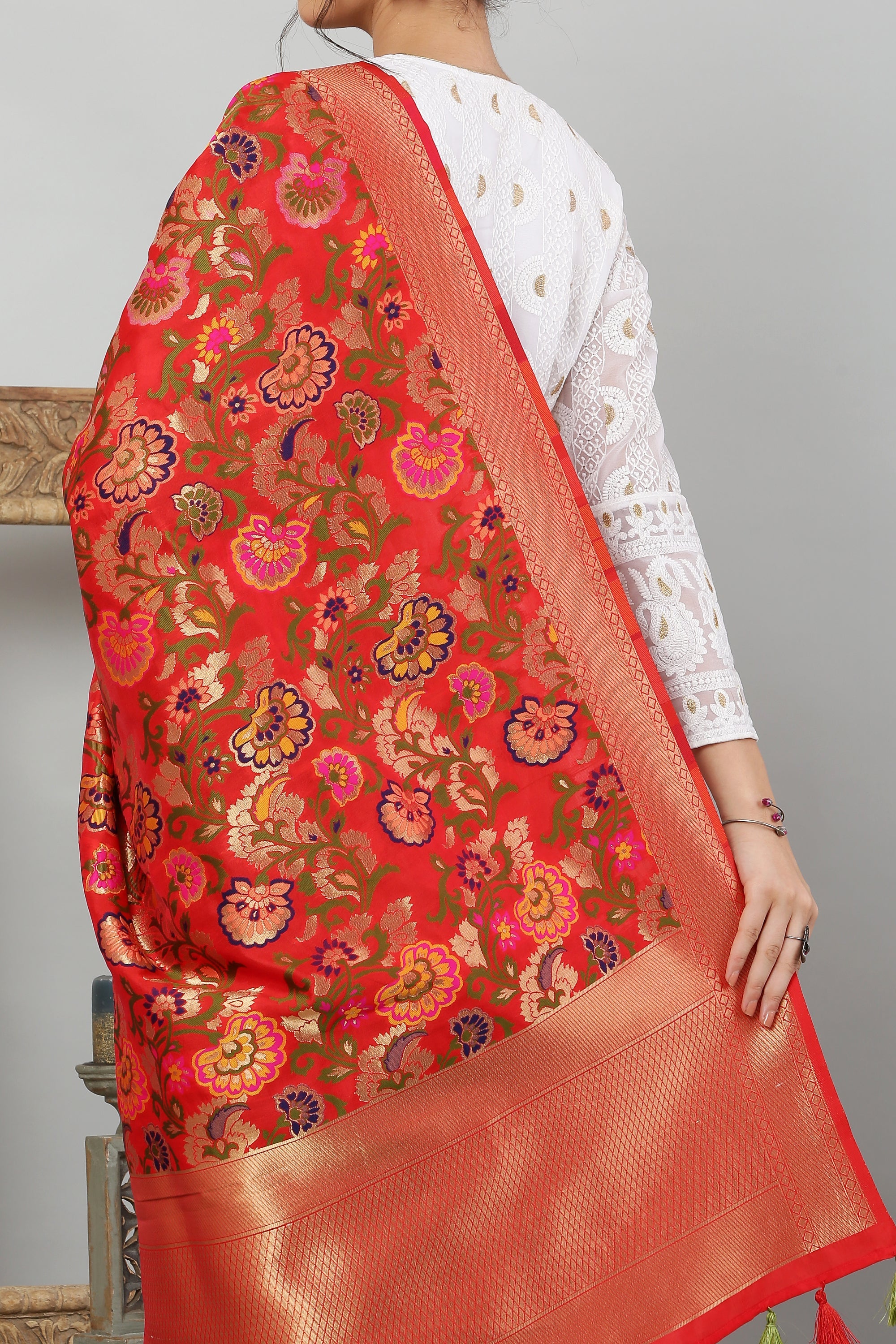 Dupatta-Banarasi Multi Mina Jaal- Red