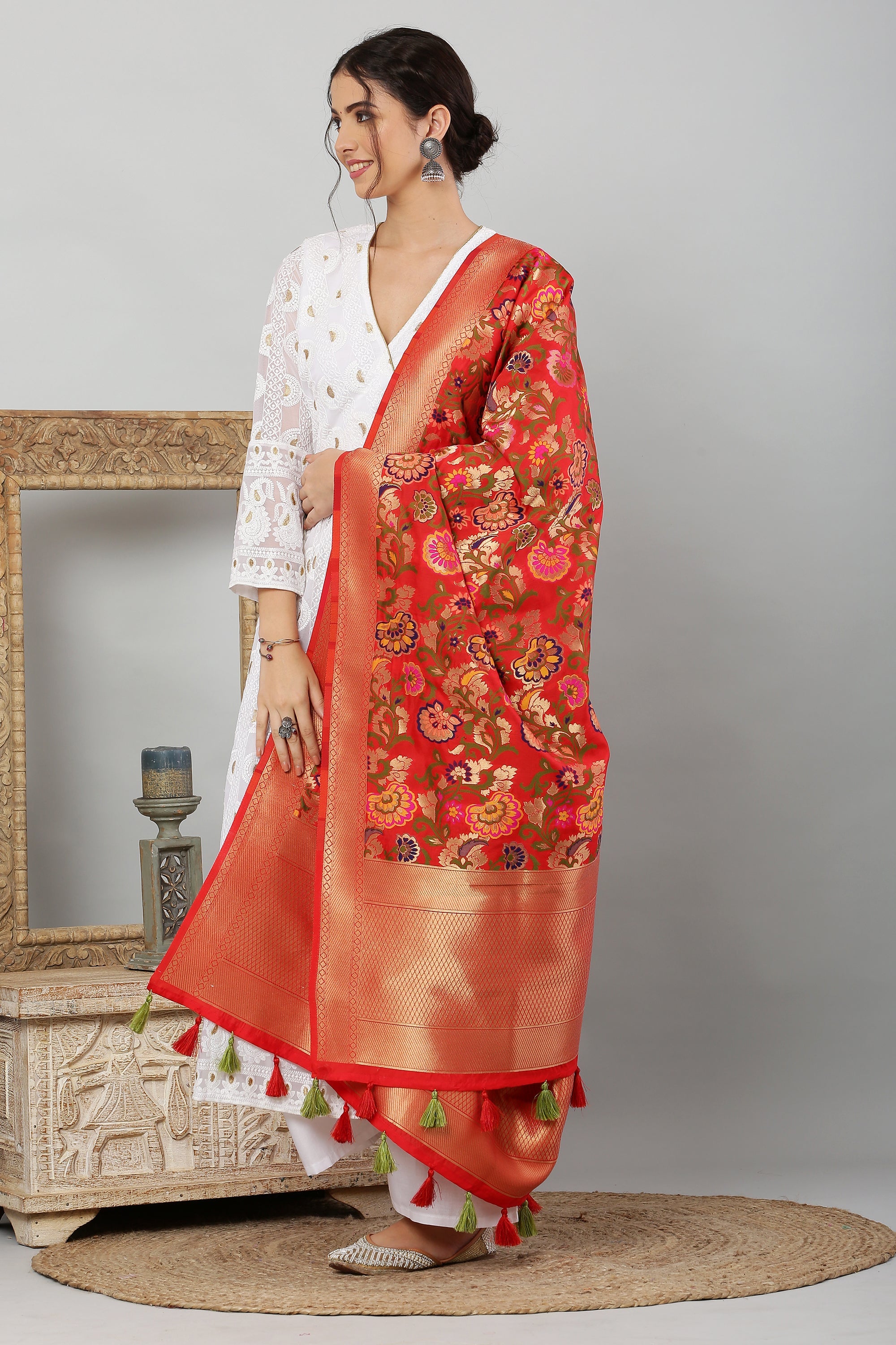 Dupatta-Banarasi Multi Mina Jaal- Red