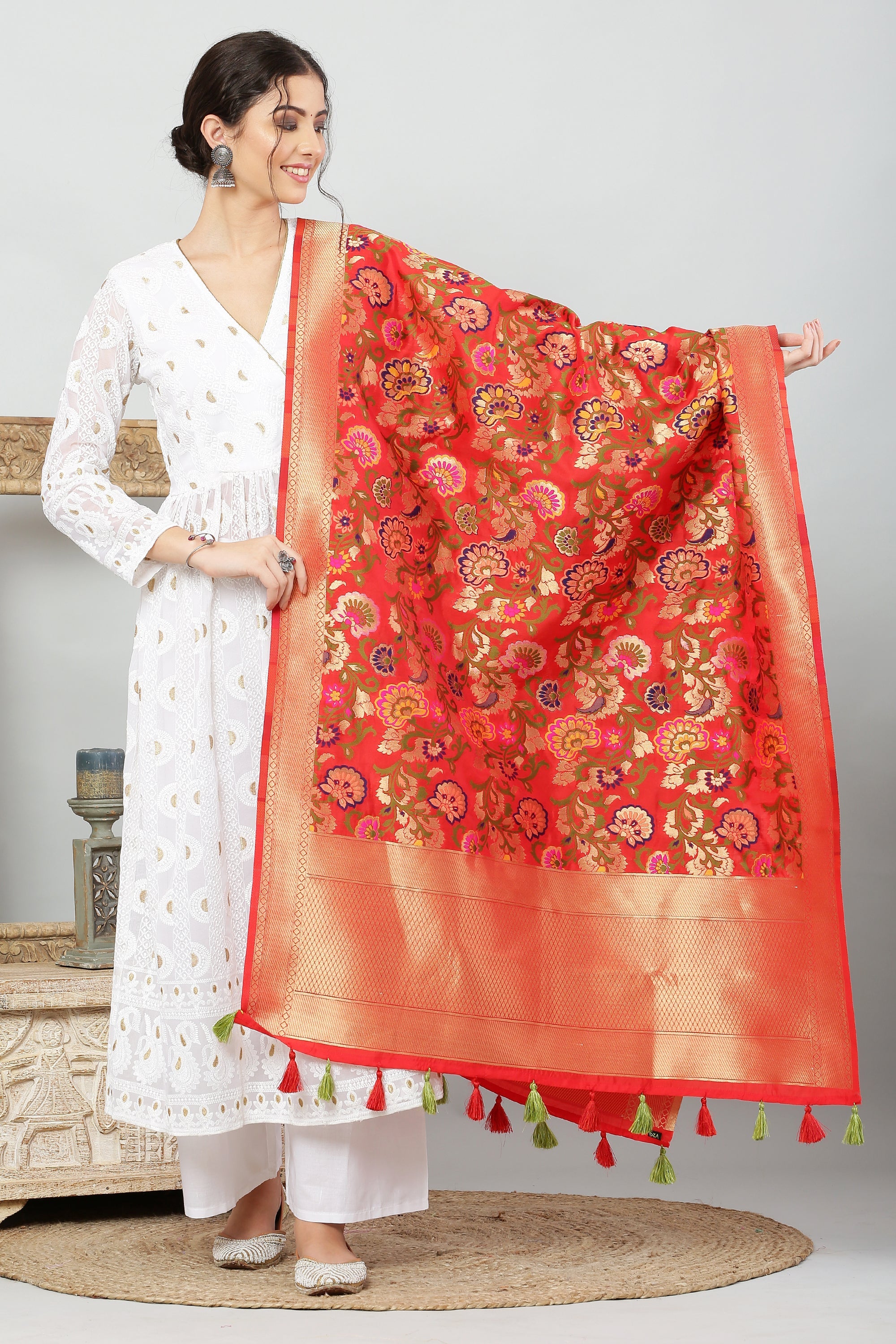 Dupatta-Banarasi Multi Mina Jaal- Red