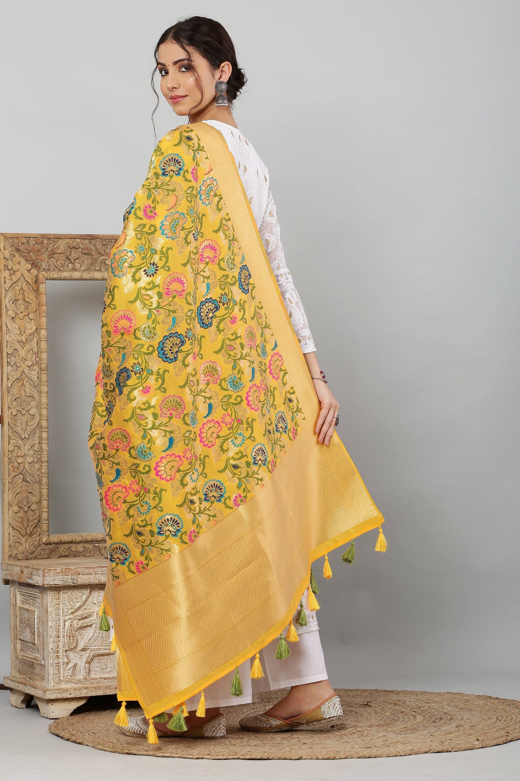 Dupatta-Banarasi Multi Mina Jaal- Yellow