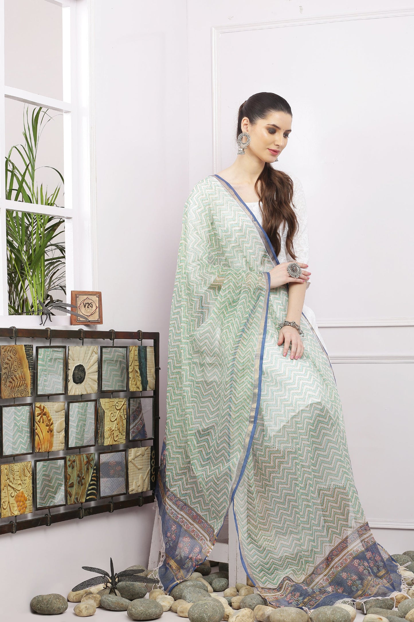 अks-Handblock Print Kota Doria Dupatta - Gold Green n Multi Pallu