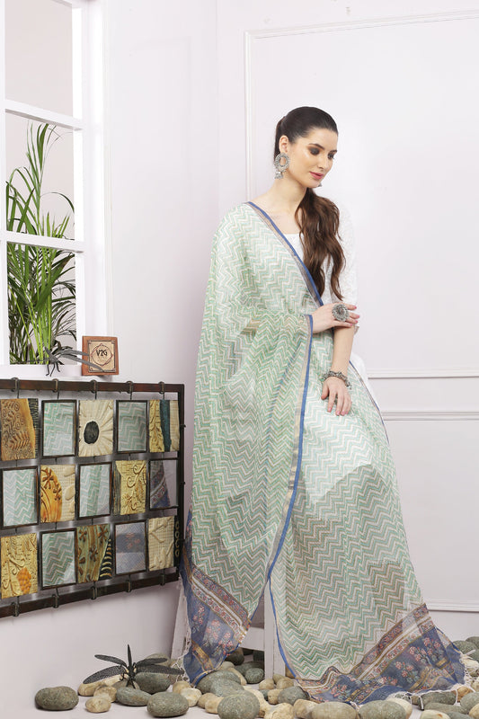 अks-Handblock Print Kota Doria Dupatta - Gold Green n Multi Pallu