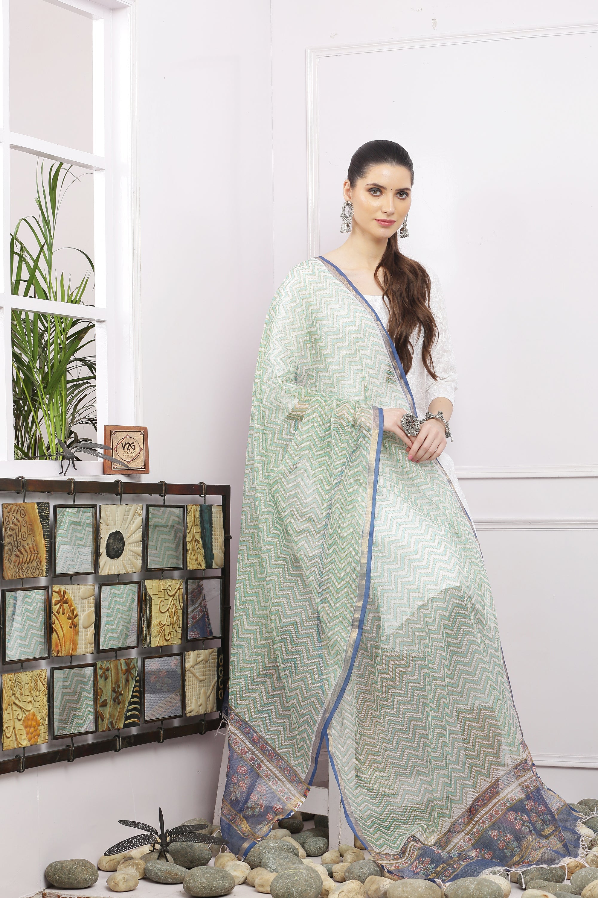 अks-Handblock Print Kota Doria Dupatta - Gold Green n Multi Pallu