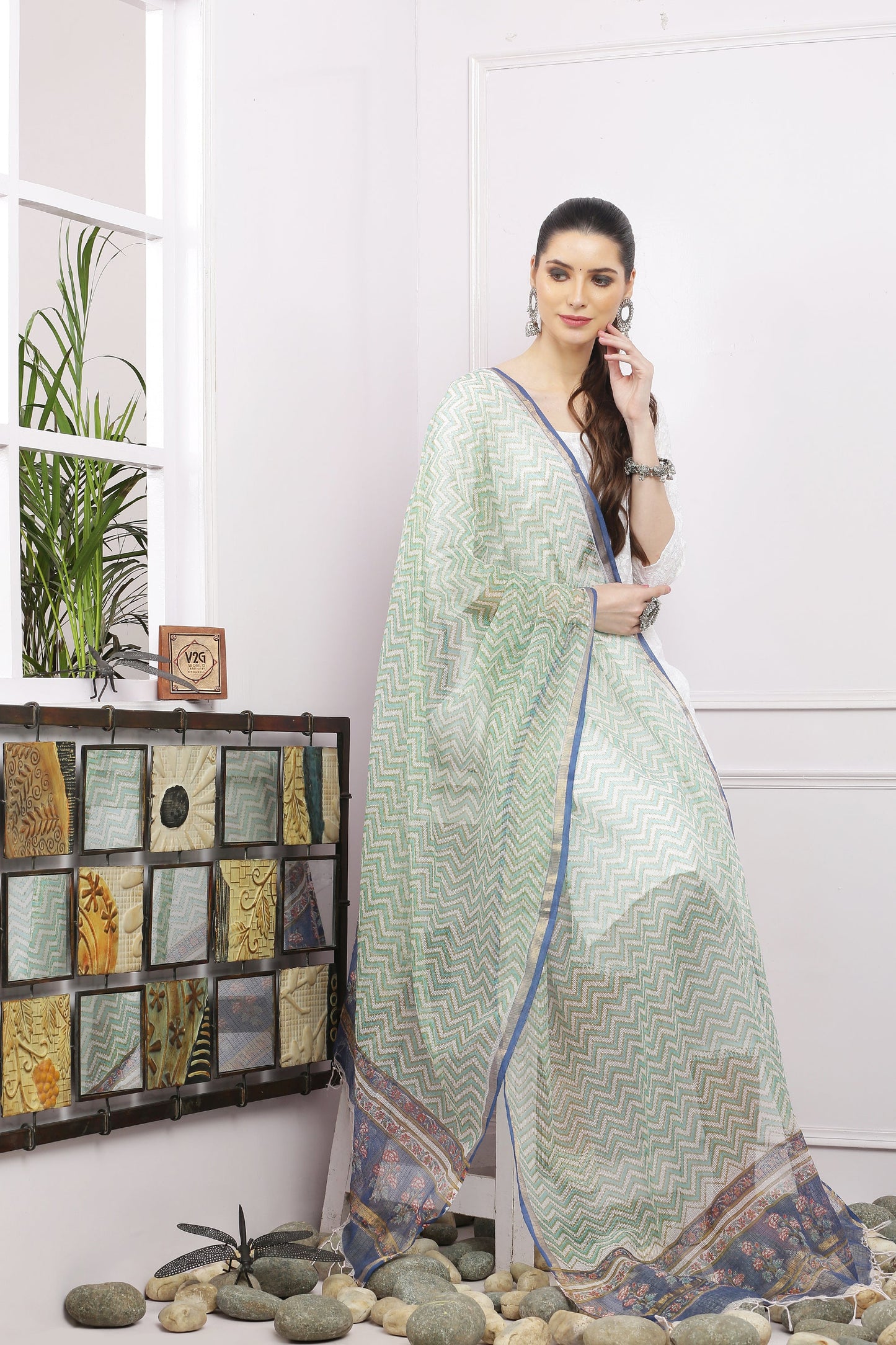 अks-Handblock Print Kota Doria Dupatta - Gold Green n Multi Pallu