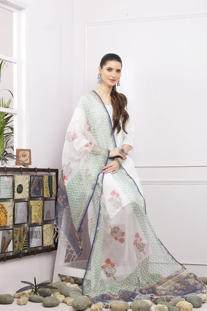 अks-Handblock Print Kota Doria Dupatta - Gold Green n Multi Buta