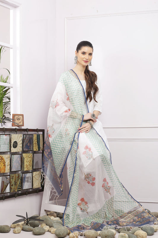 अks-Handblock Print Kota Doria Dupatta - Gold Green n Multi Buta