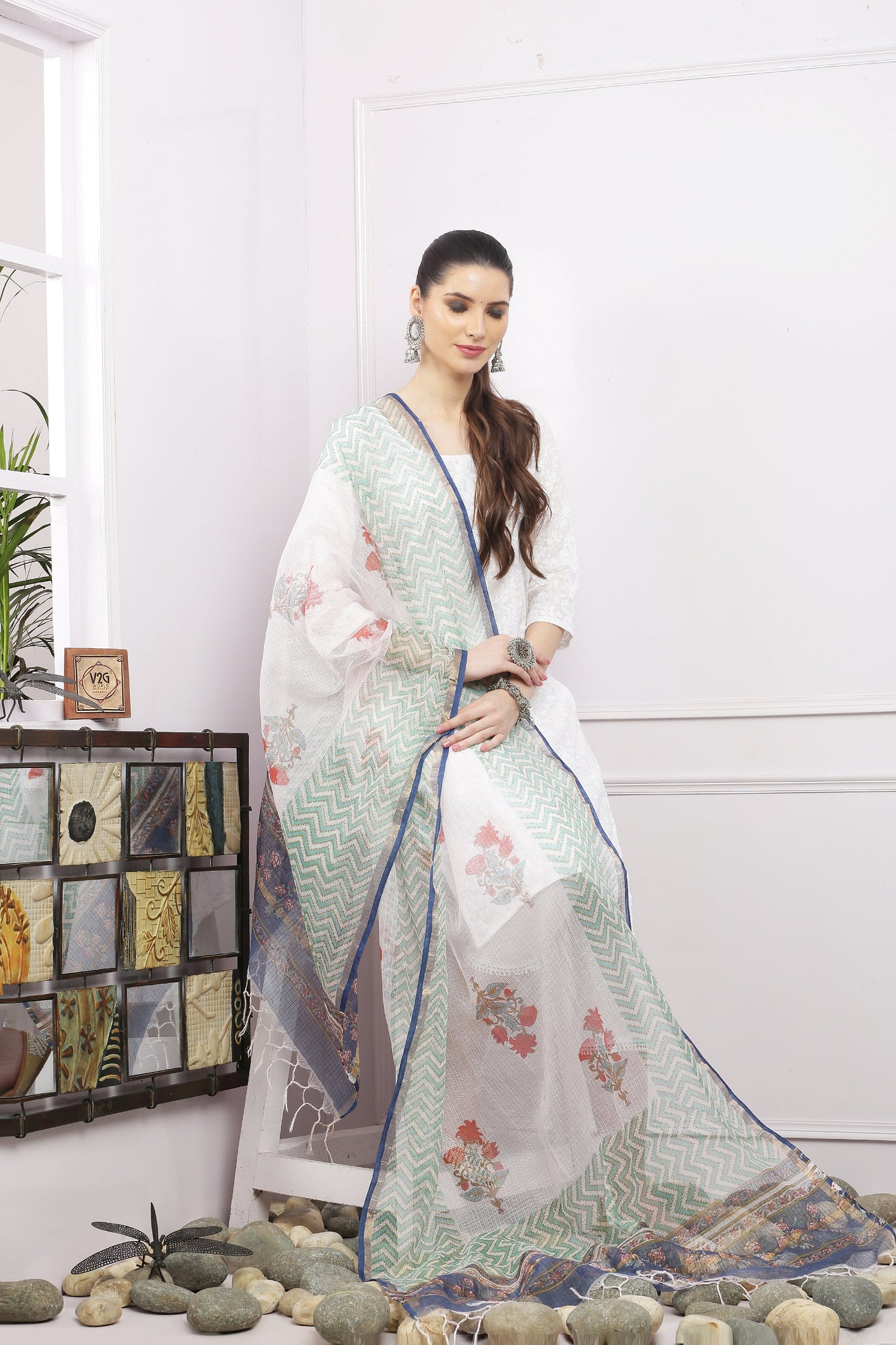 अks-Handblock Print Kota Doria Dupatta - Gold Green n Multi Buta
