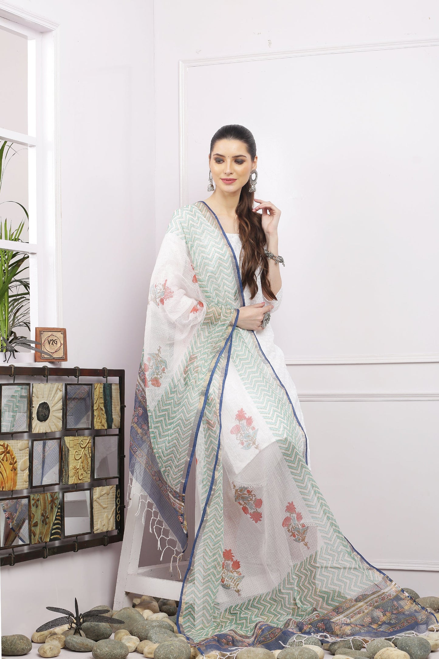 अks-Handblock Print Kota Doria Dupatta - Gold Green n Multi Buta