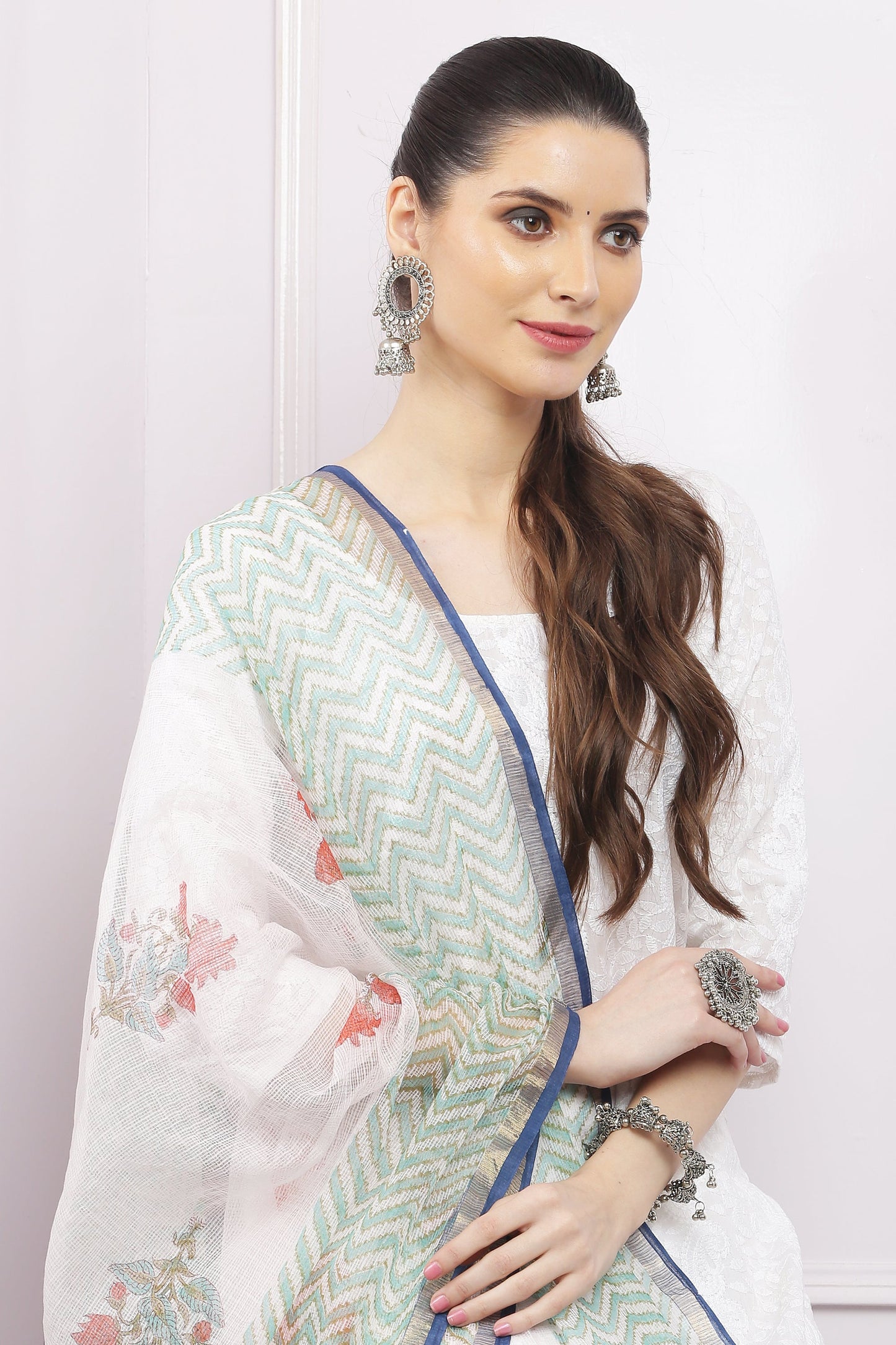 अks-Handblock Print Kota Doria Dupatta - Gold Green n Multi Buta