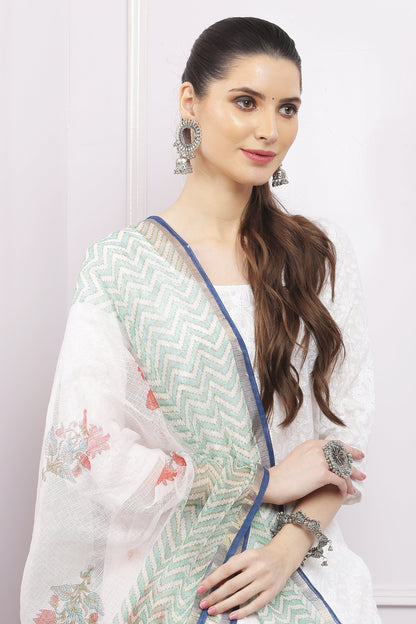 अks-Handblock Print Kota Doria Dupatta - Gold Green n Multi Buta