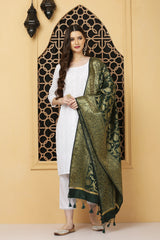 Dupatta - Banarasi Intricate Jaal Pattern - Bottle Green