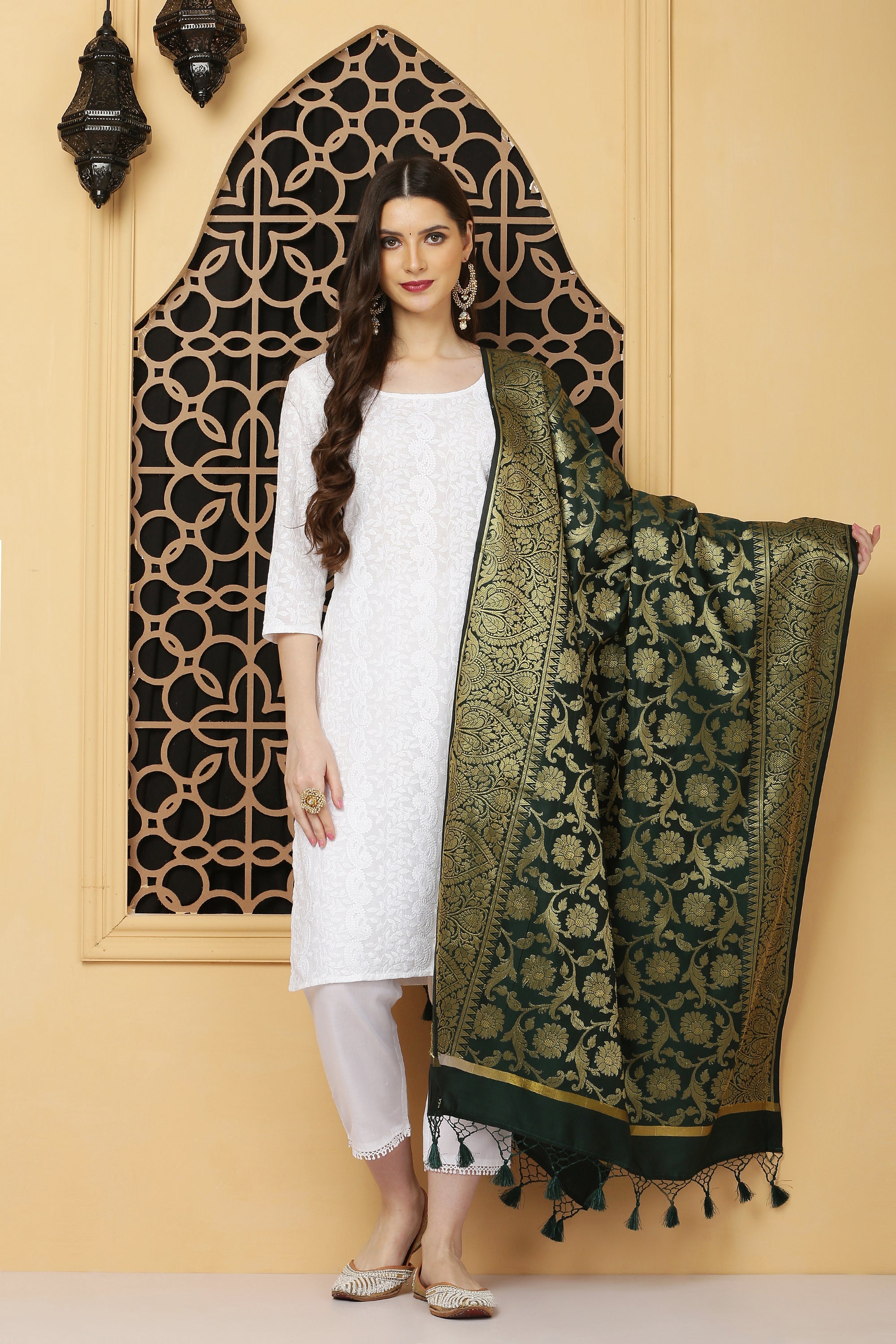 Dupatta - Banarasi Intricate Jaal Pattern - Bottle Green