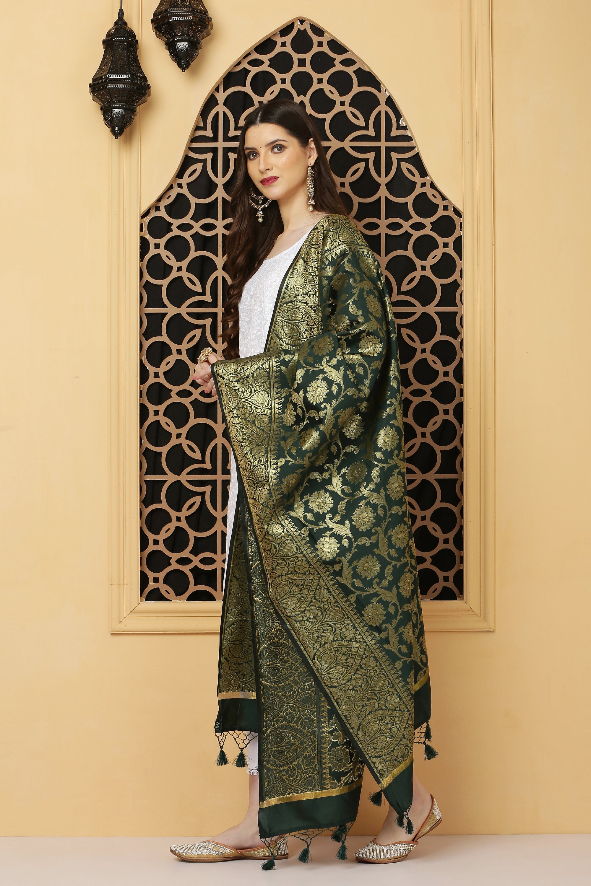 Dupatta - Banarasi Intricate Jaal Pattern - Bottle Green