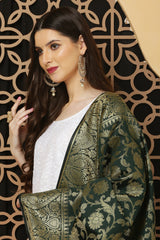 Dupatta - Banarasi Intricate Jaal Pattern - Bottle Green