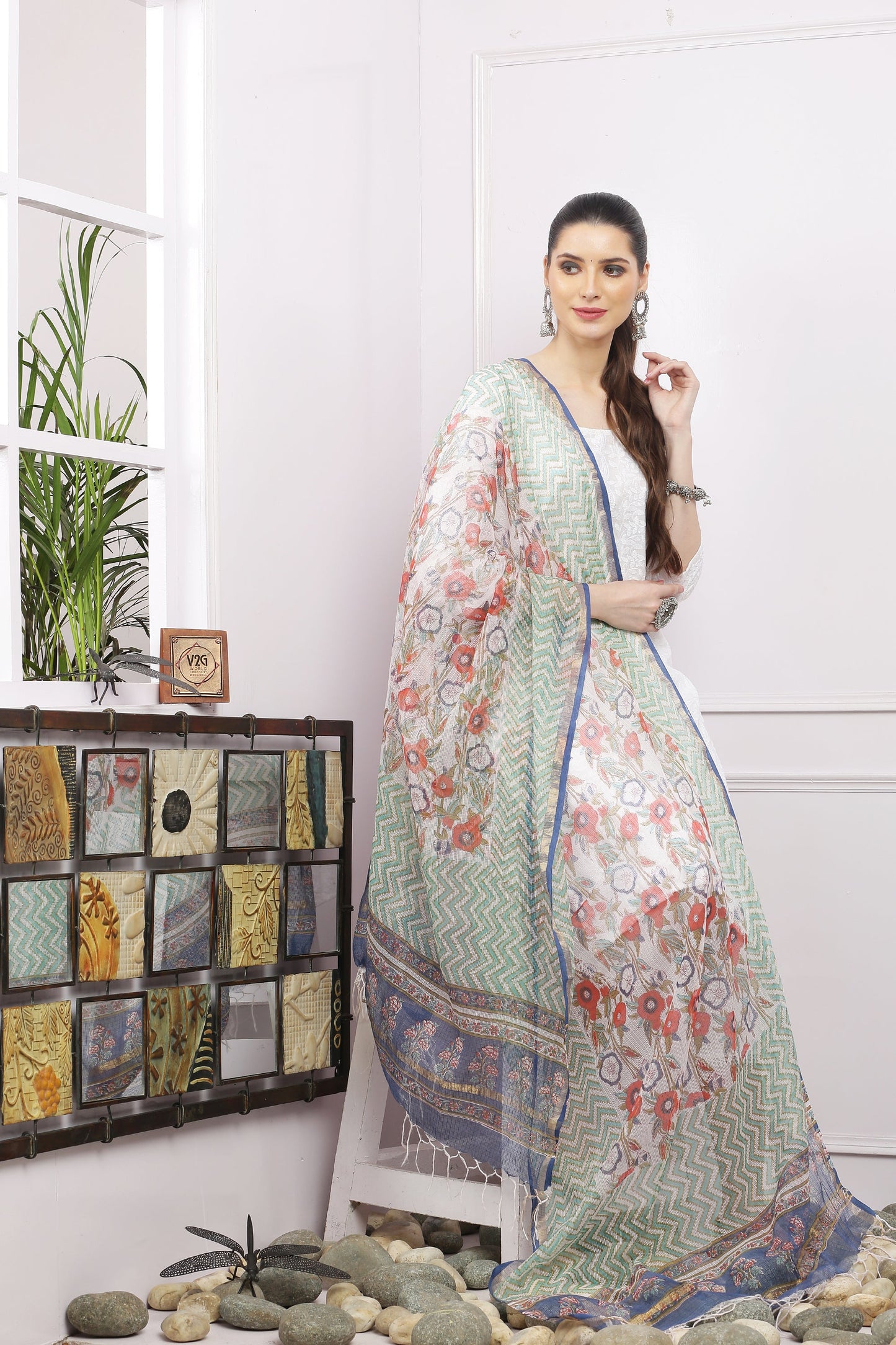 अks-Handblock Print Kota Doria Dupatta - Gold Green n Multi Flora