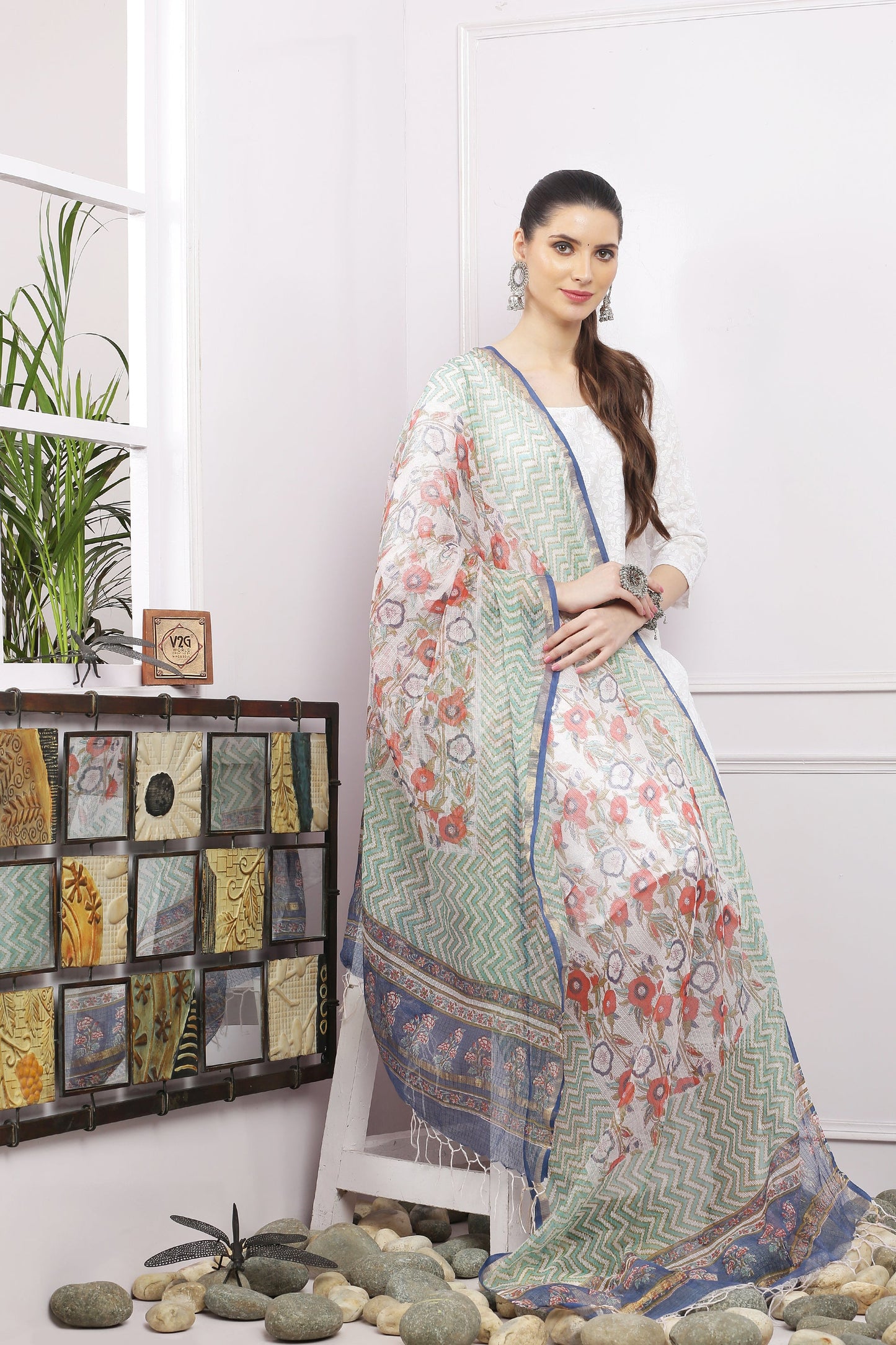 अks-Handblock Print Kota Doria Dupatta - Gold Green n Multi Flora