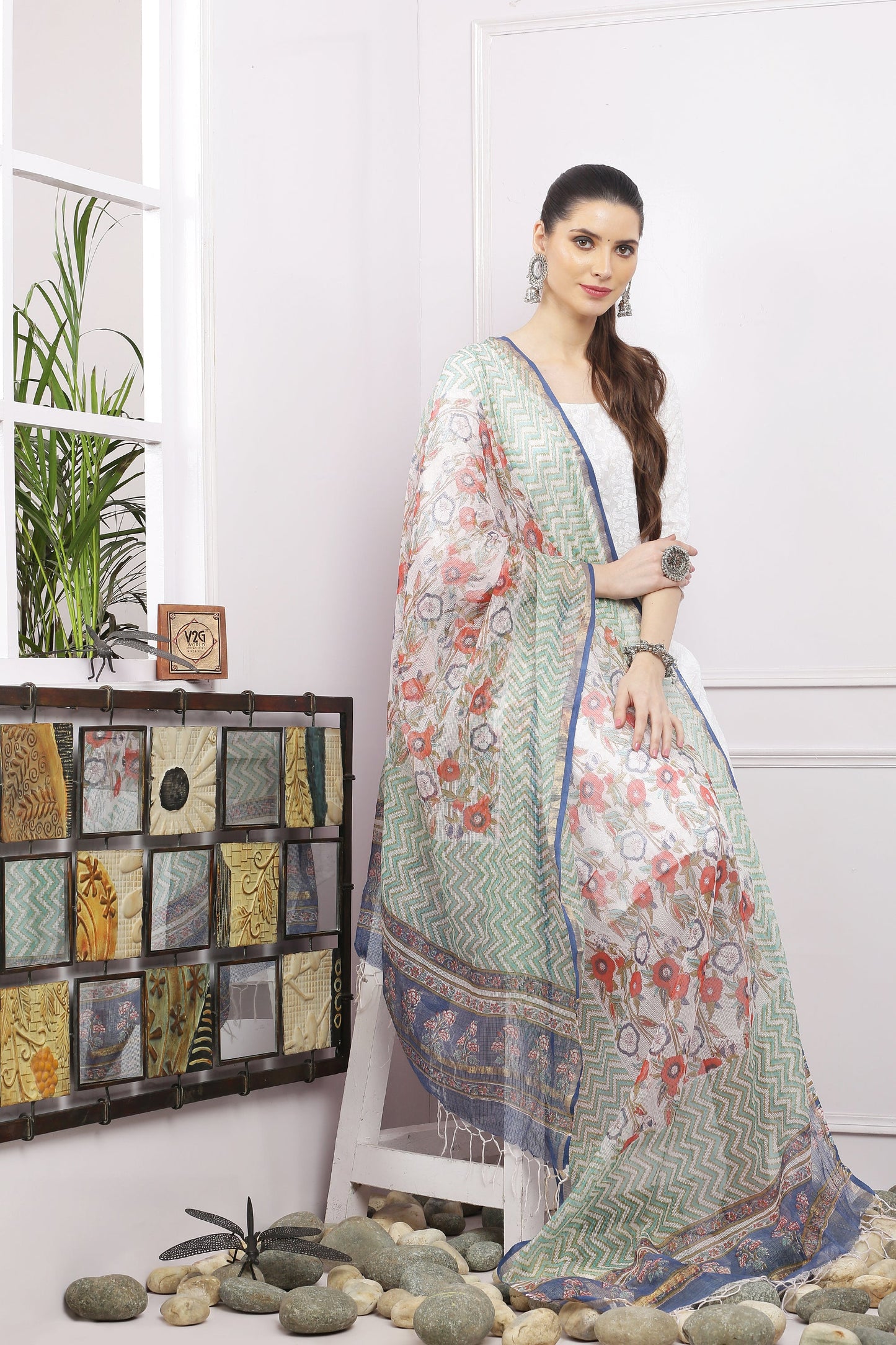 अks-Handblock Print Kota Doria Dupatta - Gold Green n Multi Flora