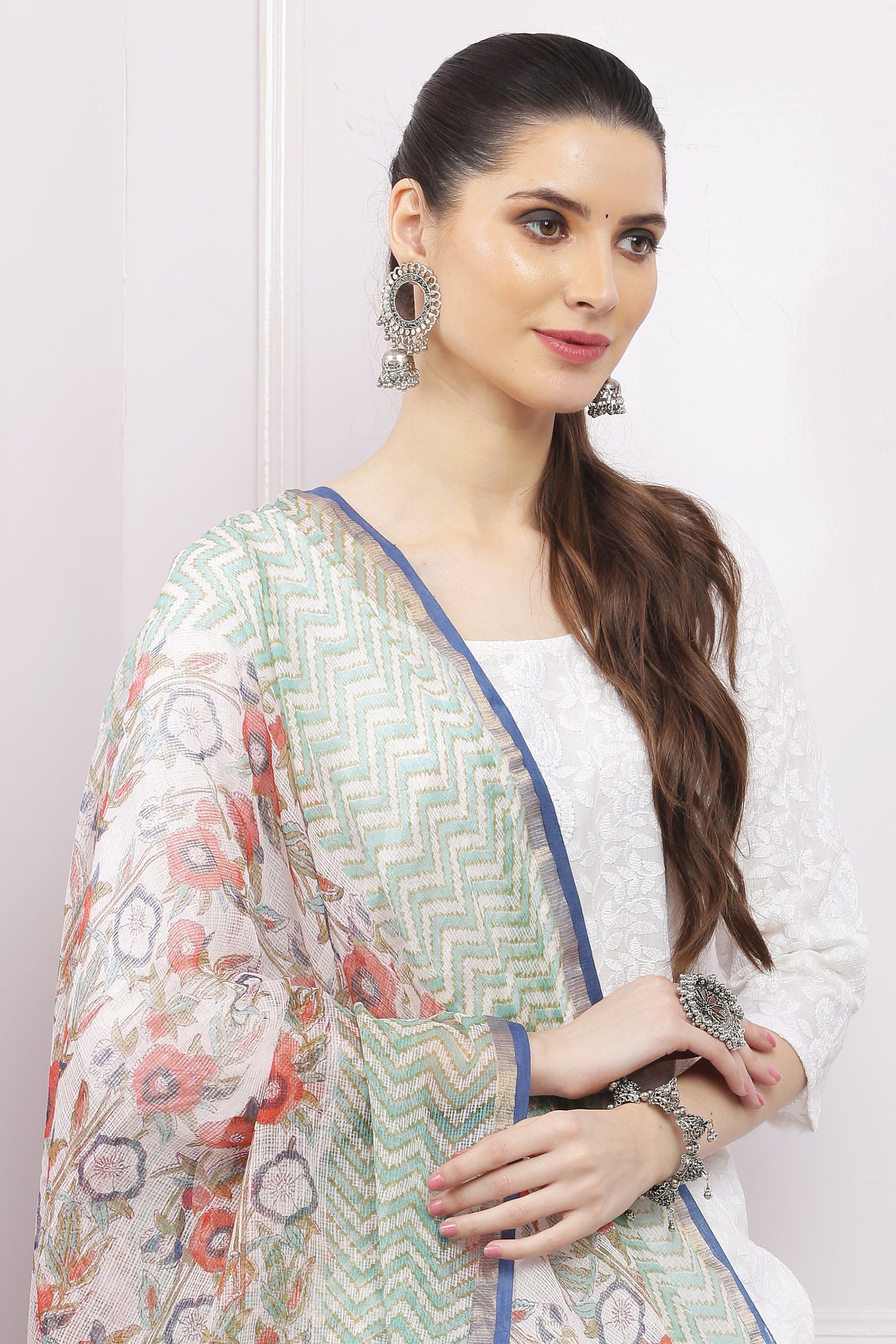 अks-Handblock Print Kota Doria Dupatta - Gold Green n Multi Flora