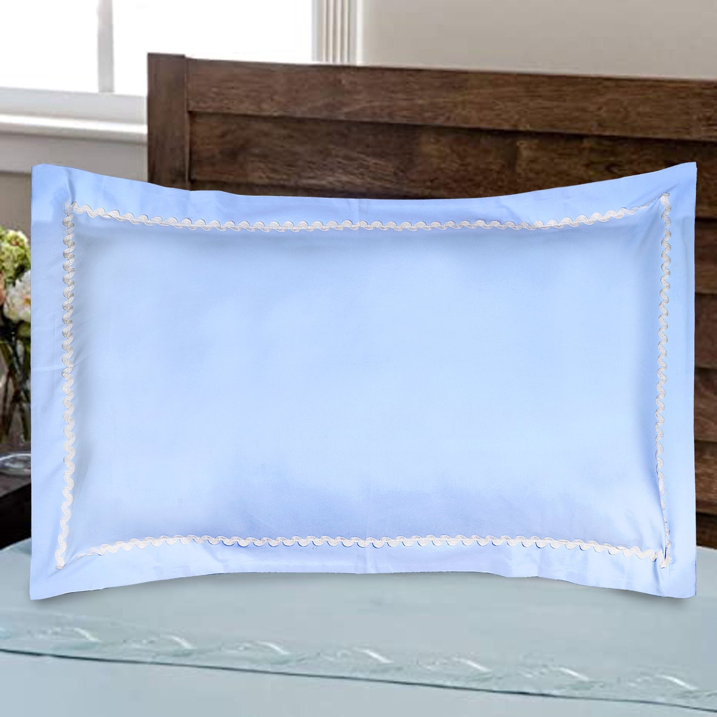 Pillow Covers- Plain Color-Sky Blue with Lace- Pair