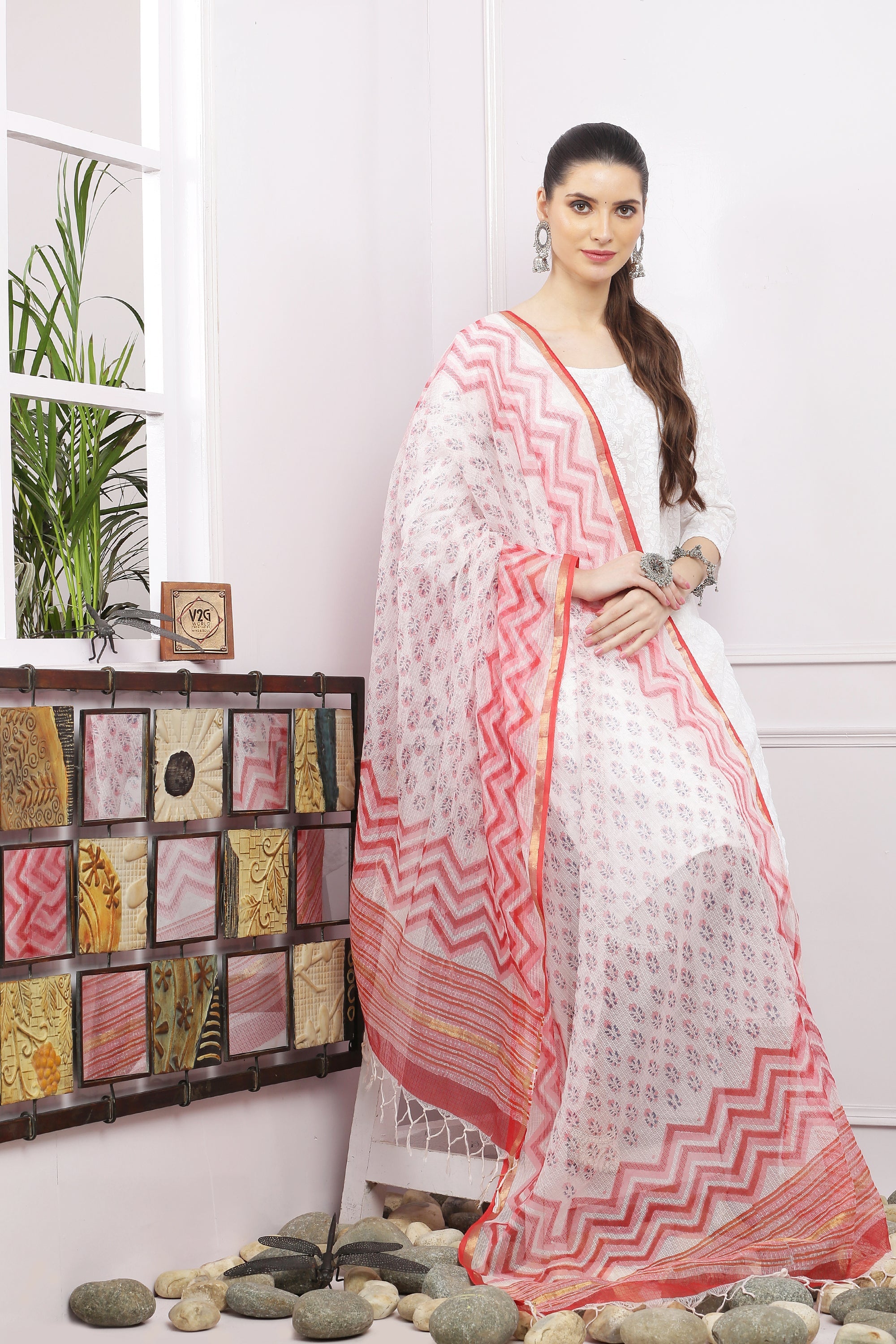 अks-Handblock Print Kota Doria Dupatta - Gold Red Lehriya with Buti